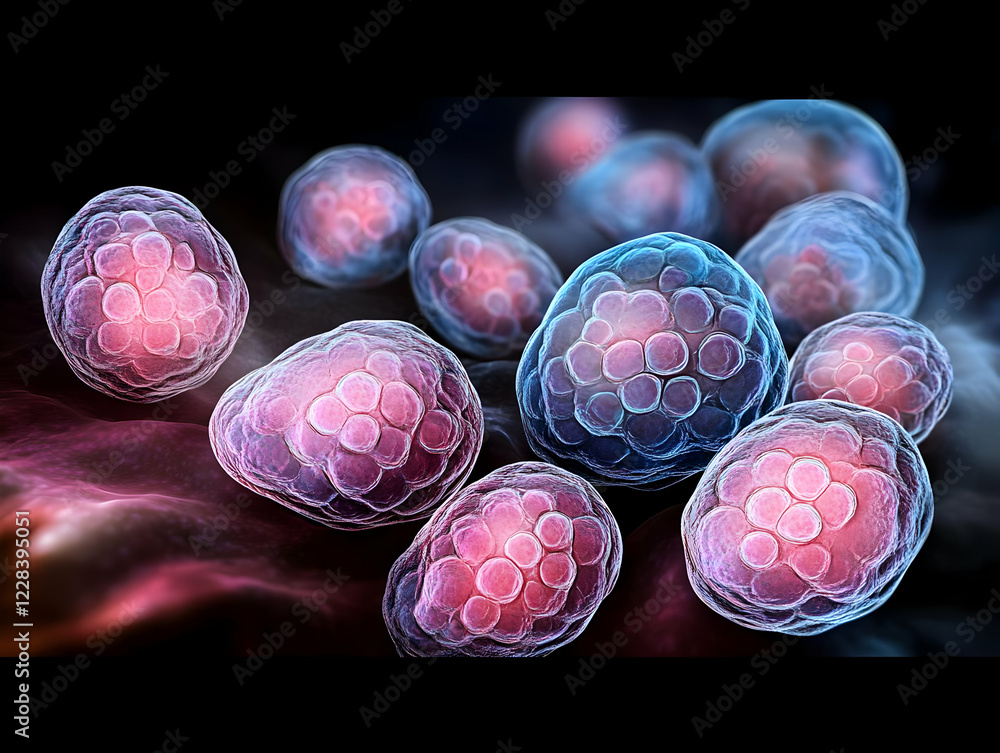 Poster microscopic view of cells dividing and multiplying on a dark background