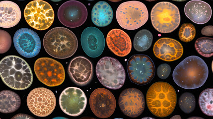Colorful Microscopic Organisms Display Intricate Patterns and Textures on a Dark Background.