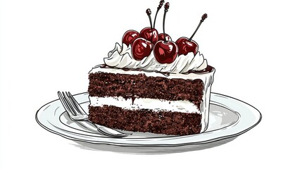 Delicious Chocolate Cake Slice with Cherries and Whipped Cream
