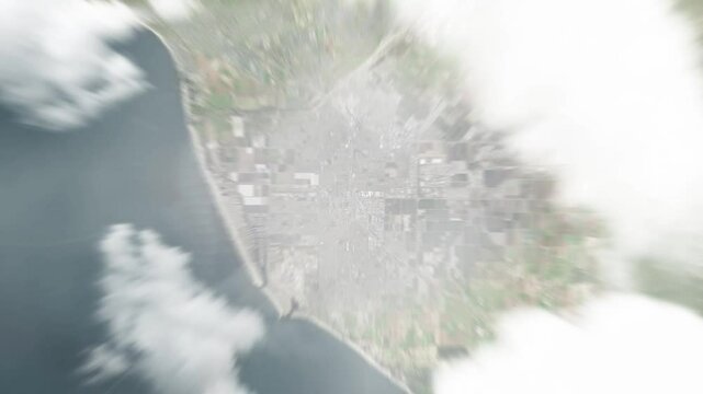 Earth zoom in from space to Oxnard, California, USA. Followed by zoom out through clouds and atmosphere into space. Satellite view. Travel intro. Images from NASA