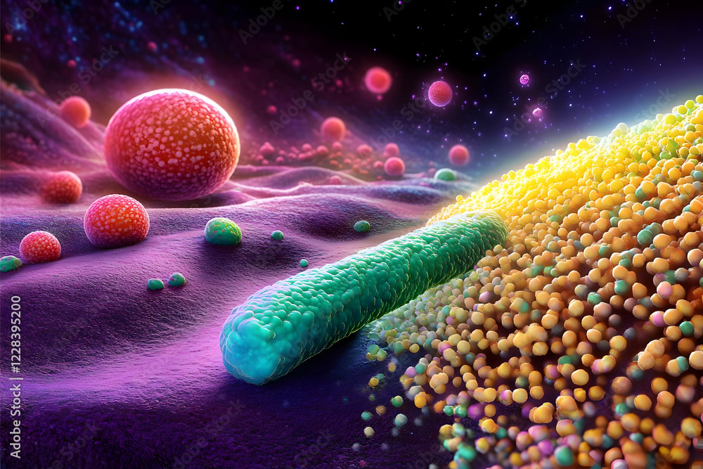 Aufkleber microscopic view of bacteria and other microorganisms interacting on a textured surface dynamically.