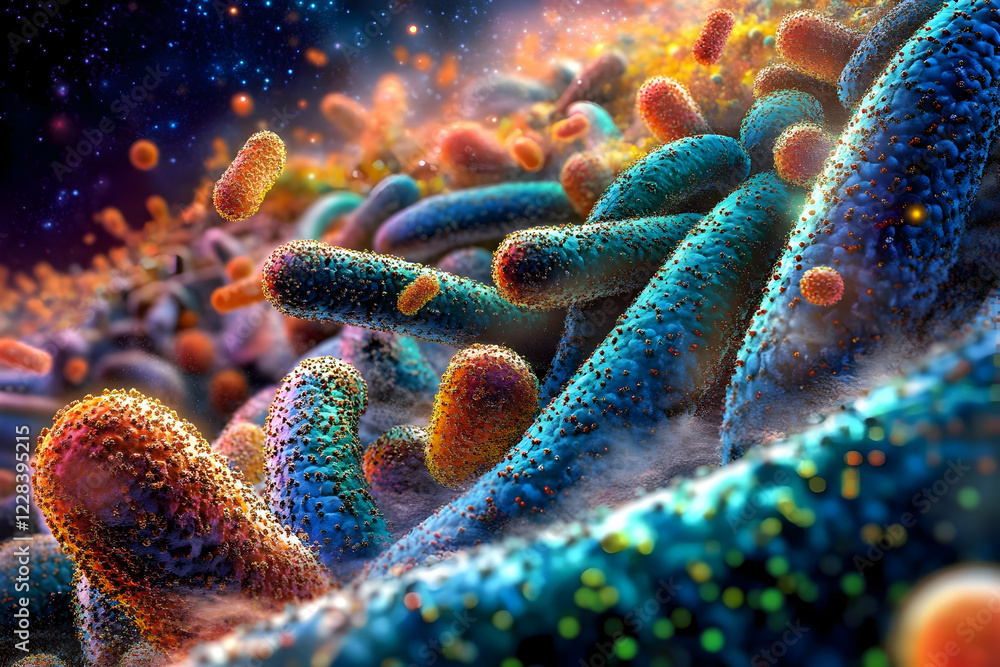Poster microscopic view of colorful bacteria and viruses in a dynamic environment.
