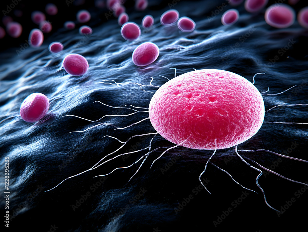 Poster microscopic view of cells showing a large pink cell with tendrils interacting with other cells