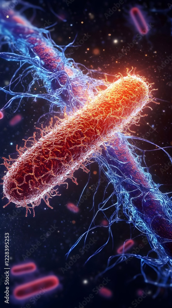Poster microscopic view of bacteria interacting with filamentous structures in a dark environment.