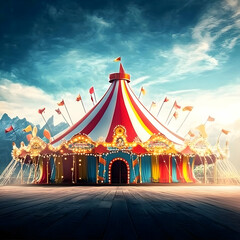 Colorful Circus Tent Stands Majestically Under a Dramatic Sky with Flags and Lights.