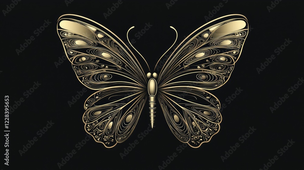 Poster elegant golden butterfly design with intricate patterns on black background