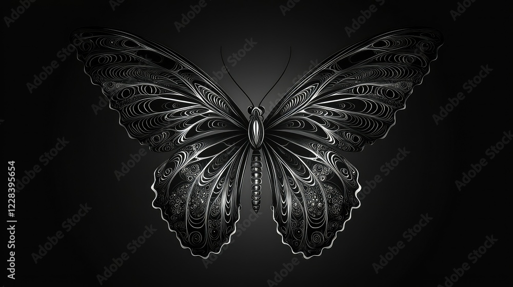 Poster elegant black butterfly with intricate patterns on a dark background