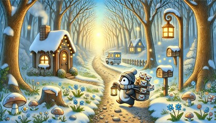 A whimsical storybook scene of a spring forest with a cute penguin mail carrier delivering glowing magical letters along a dirt path bordered by melting snow and woodland homes