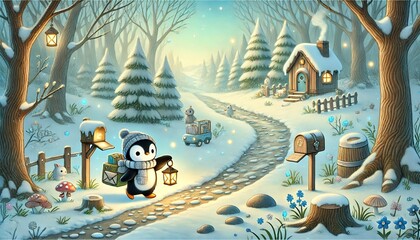 A serene springtime forest scene featuring a small penguin mailman delivering glowing magical letters amidst melting snow and charming woodland homes.