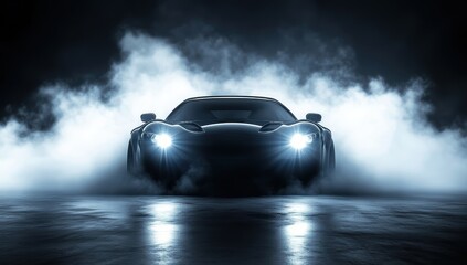A black sports car with smoke coming out of the headlights, illuminated by studio lights against a dark background. 