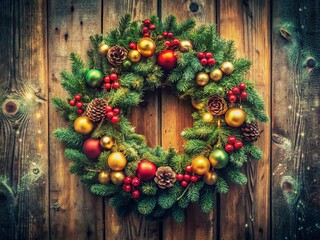 Vintage Christmas Wreath & Festive Garlands on Rustic Door