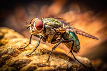 Fototapeta premium Vintage Close-Up of a Fly on a Stone - Detailed Insect Macro Photography
