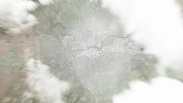 Earth zoom in from space to Spokane, Washington, USA. Followed by zoom out through clouds and atmosphere into space. Satellite view. Travel intro. Images from NASA