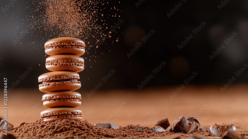 Poster stack of macarons with cocoa powder fall on chocolate background