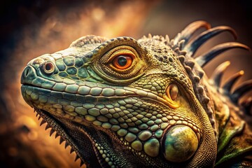 Obraz premium Vintage Close-Up Portrait of an Iguana, Reptilian Gaze, Retro Photography