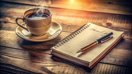 Vintage Coffee Break: Notepad, Pen & Coffee Cup Stock Photo