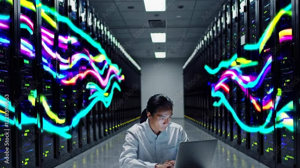 Poster analyzing data in a high-tech server room scene footage