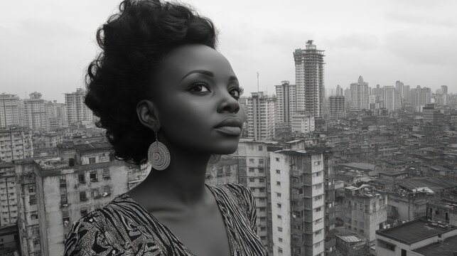 A thoughtful individual standing on a rooftop in an urban setting, with a sprawling cityscape in the background featuring numerous high-rise buildings. - Powered by Adobe