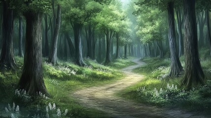 Obraz premium Serene forest path winding through lush greenery with soft sunlight filtering through trees (2)
