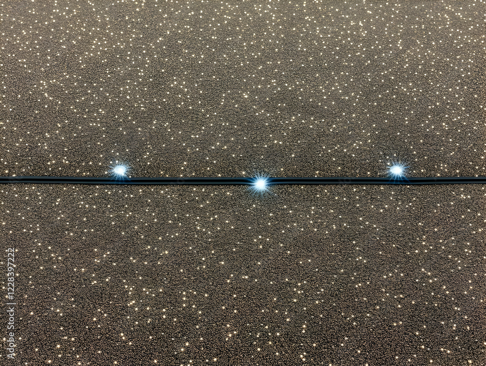 Poster sparkling metallic surface with embedded lights illuminates a textured background.