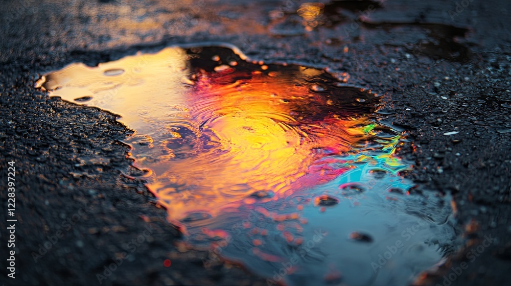 Poster close-up view of colorful oil patterns in water creating dazzling reflections on a puddle surface. g