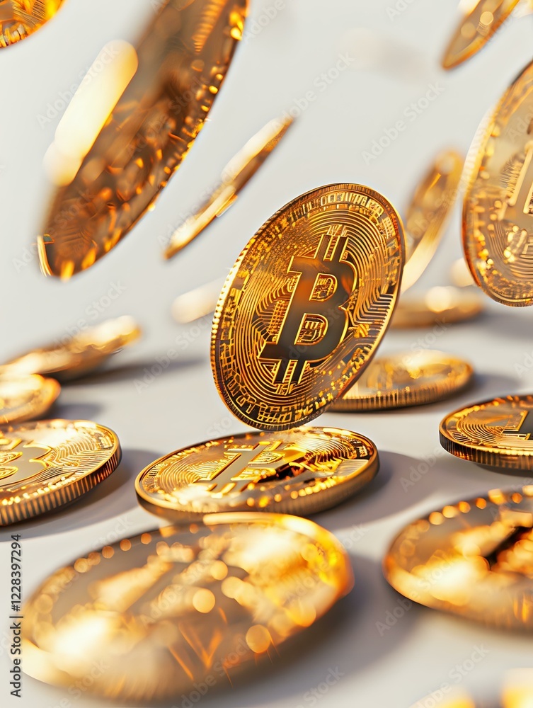 Poster golden digital currency coins falling on light background with soft focus and warm lighting effects,