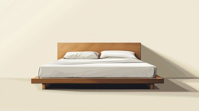 Modern Minimalist Wooden Bed with White Bedding and Neutral Background