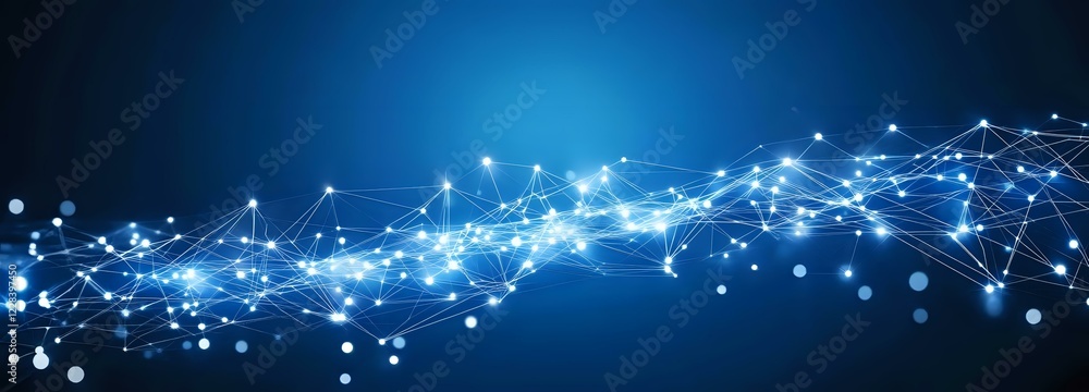 Aufkleber glowing blue network connections with dots and lines flowing across dark background, representing di
