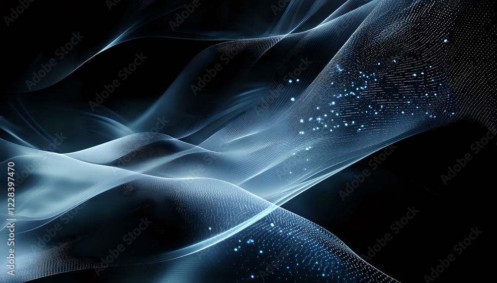 Poster ethereal flowing waves of light create dynamic abstract composition in dark blue tones with glowing 