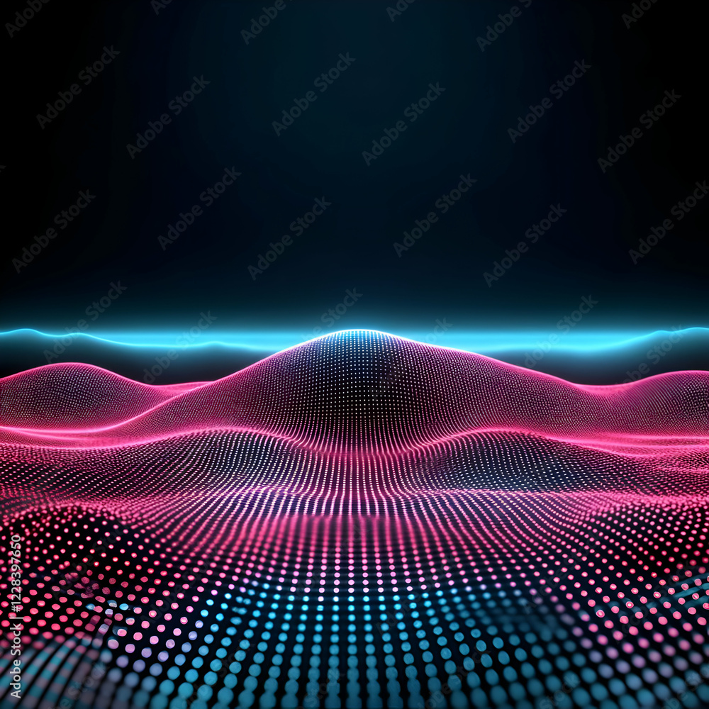Poster abstract 3d landscape forms a digital wave with vibrant dots and glowing lines smoothly.