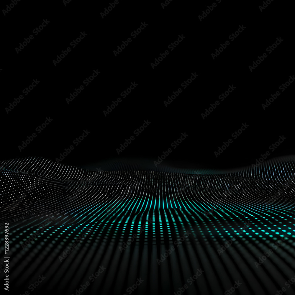 Poster abstract 3d landscape with glowing dots forms a digital terrain in the dark.