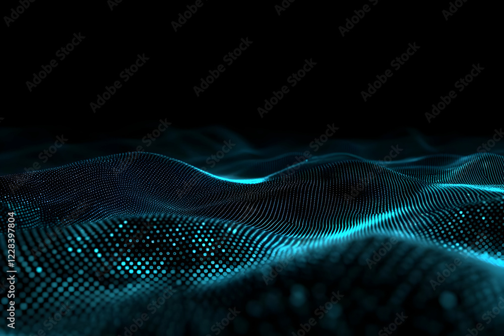 Poster abstract 3d landscape forms undulating waves of glowing particles on a dark background