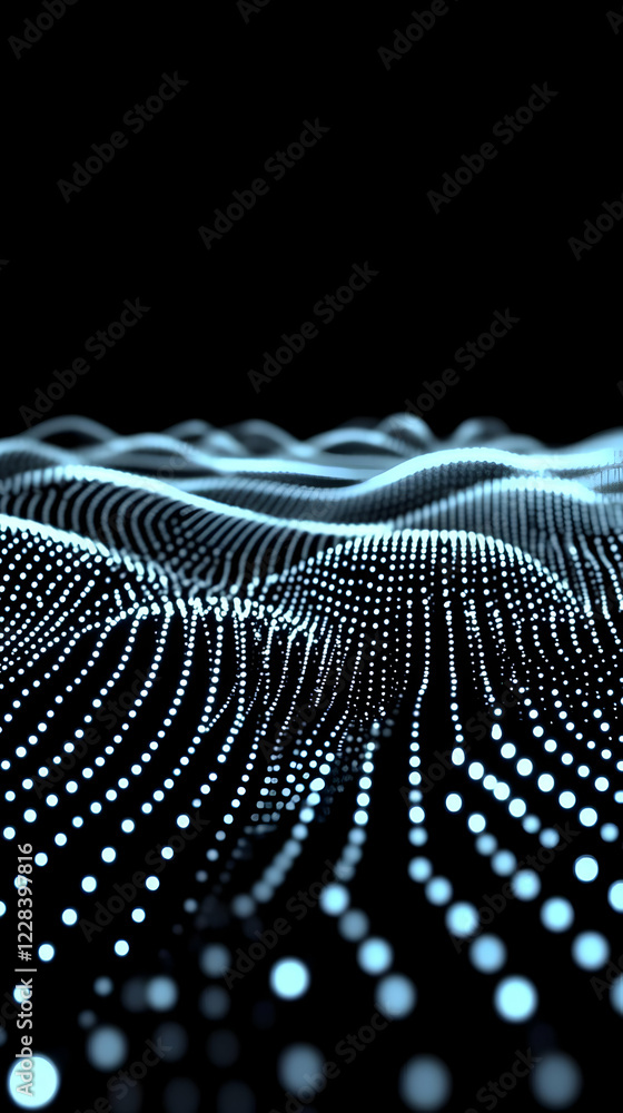 Poster abstract 3d landscape forms undulating waves with glowing dots across a dark background, creating a 