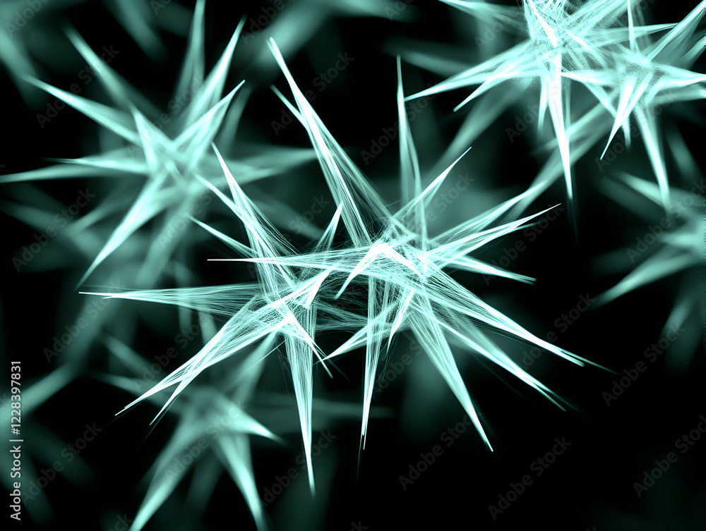 Poster abstract 3d illustration of glowing teal spikes on a dark background creates a dynamic visual