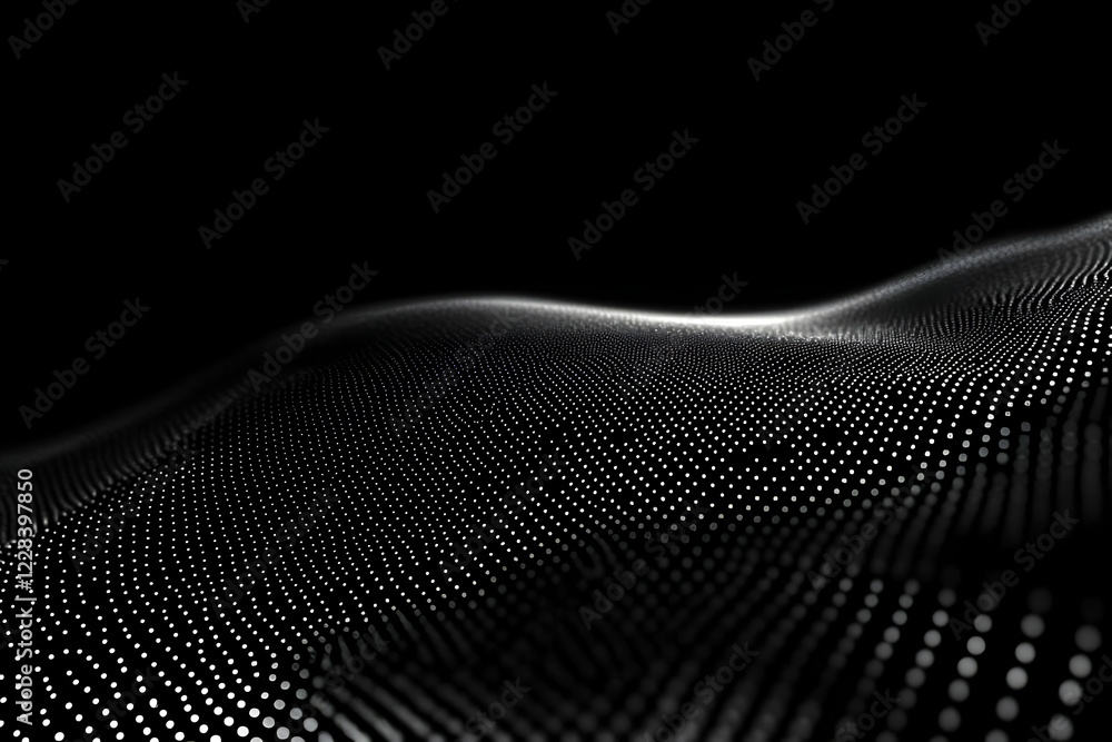 Poster abstract background with white dots flowing smoothly across black background