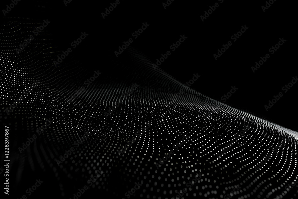 Poster abstract 3d wave of dots flows smoothly on a dark background with dynamic motion