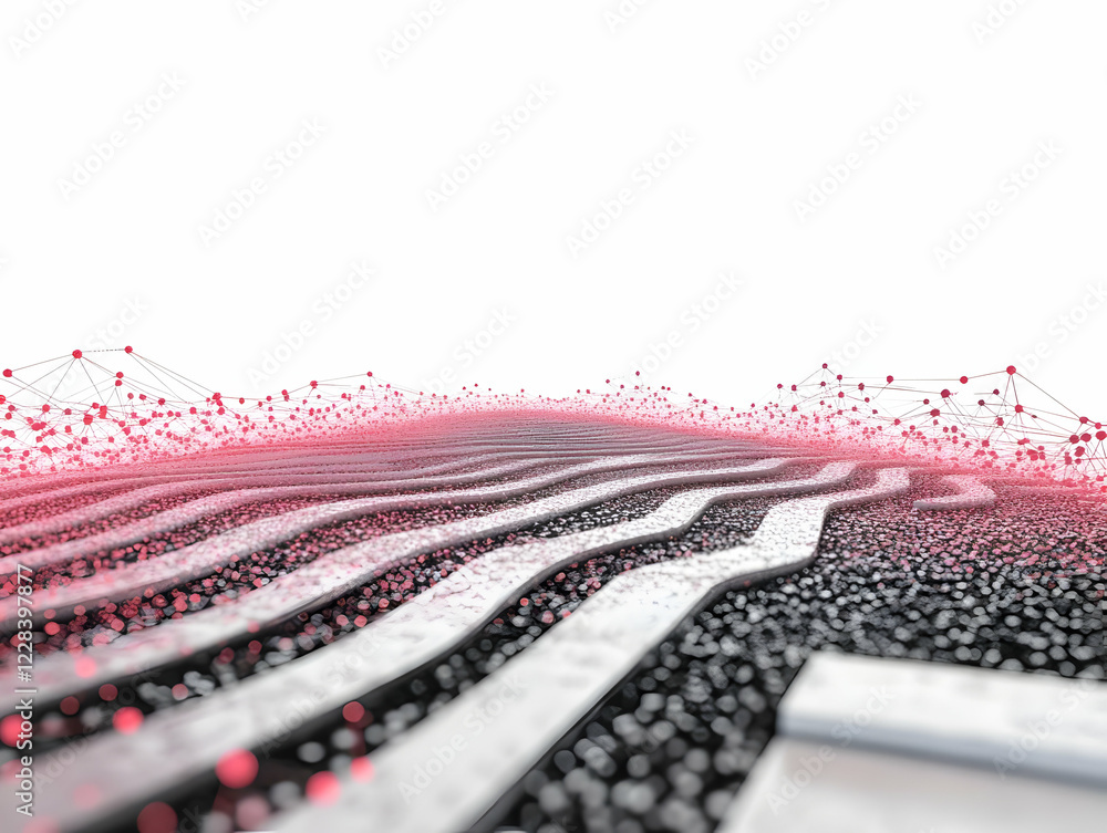 Poster abstract 3d rendered wavy landscape with network connections and particles.