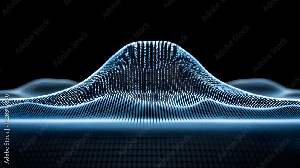 Poster abstract 3d topographic mesh forms a glowing hill on a dark background, representing digital terrain