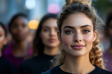 Obraz premium Young Caucasian woman with natural makeup and curly hair smiling confidently at camera, with diverse group of people standing in background, soft bokeh lighting effect.