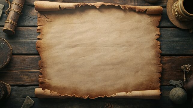 Aged parchment scroll on rustic wood. Perfect for historical, fantasy, or medieval themed designs.