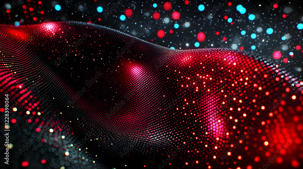 Canvas Prints Abstract Red and Black Wavy Surface with Glowing Dots and Bokeh Lights Background