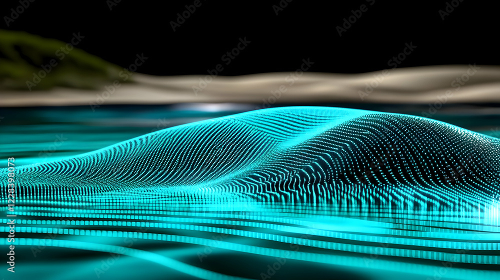 Poster abstract 3d glowing turquoise particle wave flows smoothly over black background and landscape