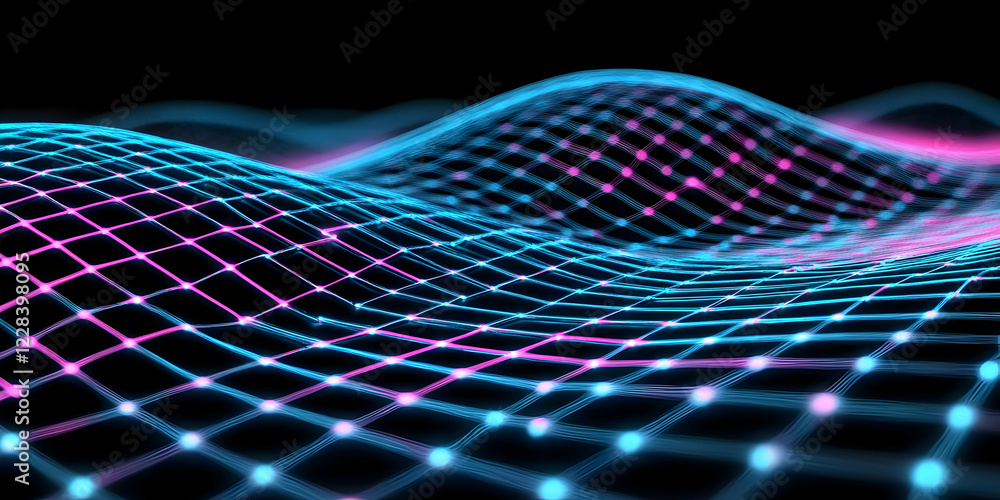 Poster abstract 3d neon grid waves flowing smoothly across a dark background.