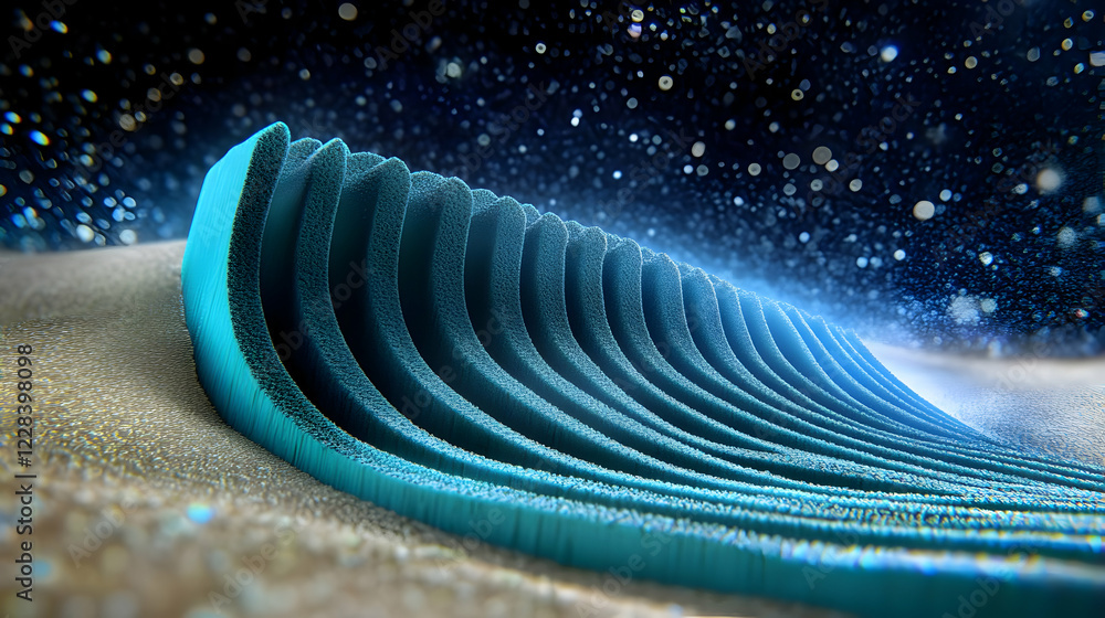 Poster abstract 3d blue wavy structure on textured surface with sparkling background