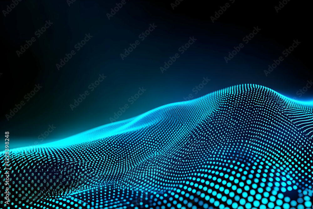 Poster abstract blue particle wave flows smoothly in digital space background.