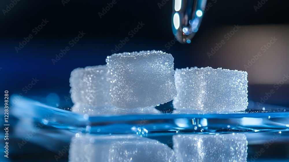 Poster ice cubes with frost crystals on blue reflective surface with water droplets and bokeh lights creati
