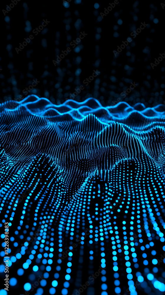 Poster abstract blue wavy particle background flows dynamically with light effect