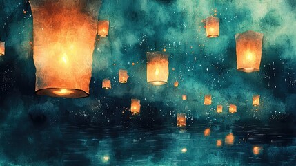 Obraz premium Ethereal Floating Lanterns Illuminated at Night Over Calm Water
