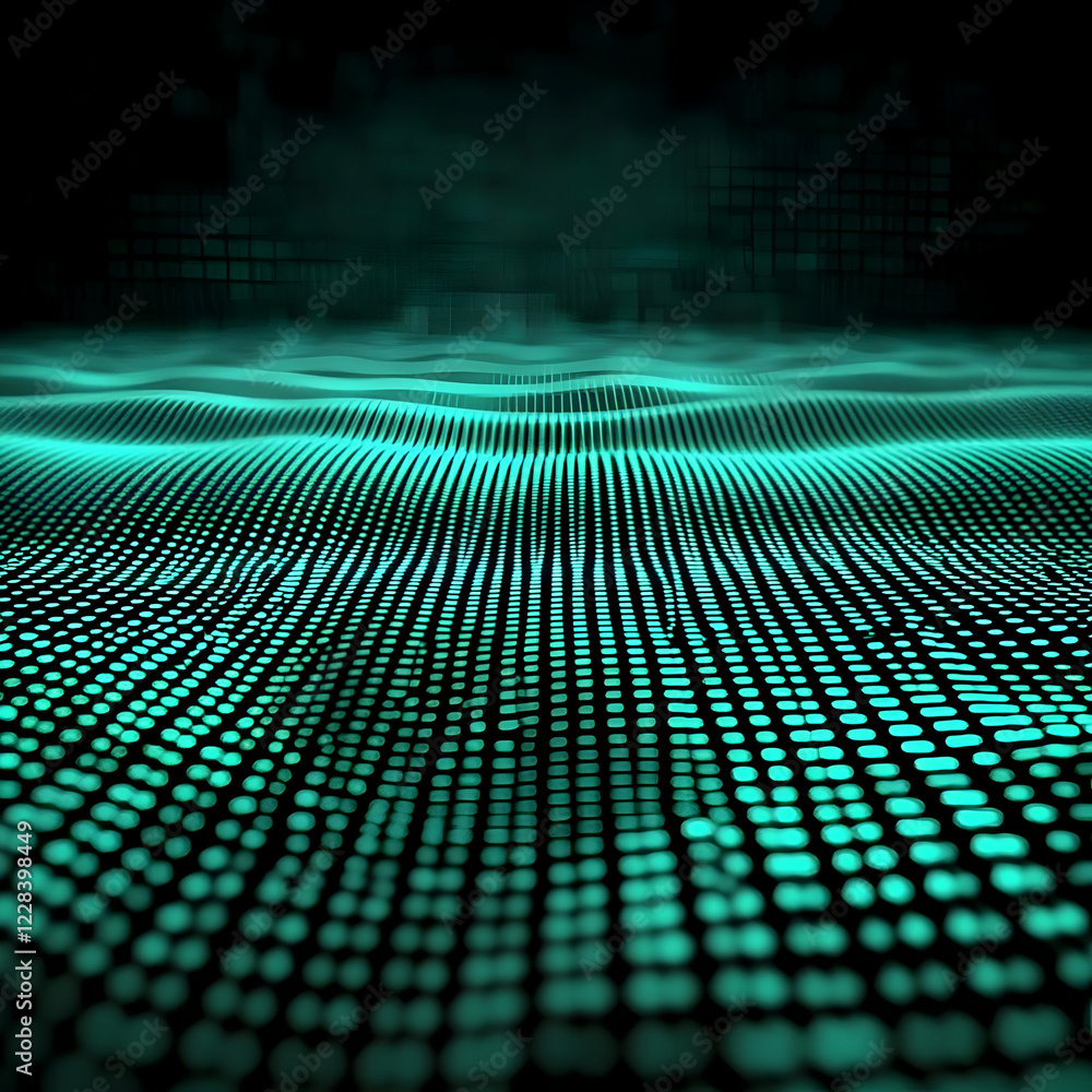 Poster abstract background with glowing green dots forms a wavy surface gently sloping upwards