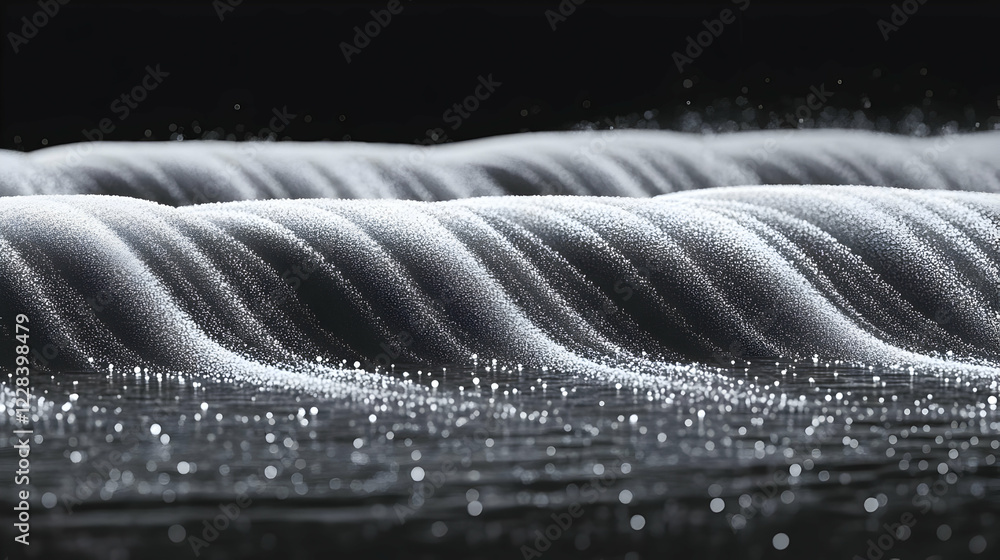 Poster abstract 3d white particle waves flowing on dark background with bokeh effect